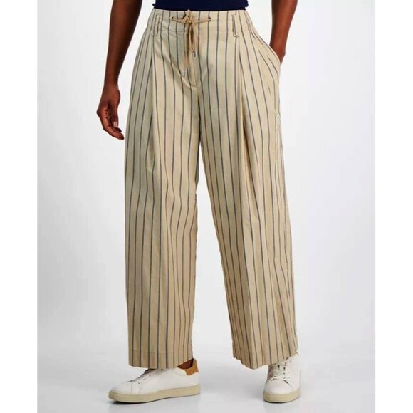 Nautica Jeans Striped Pleat-Front Wide-Leg Trousers Light Brown Size L MSRP $90 - Picture 1 of 2